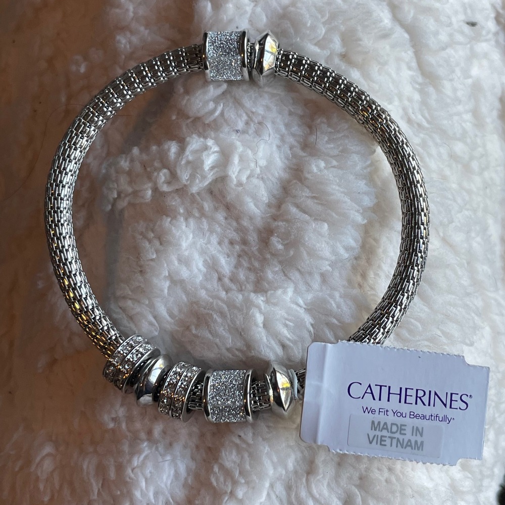 Catherines Silver Tone Mesh Stretch Bracelet Rhinestone Glitter Charm Y2620 Plus